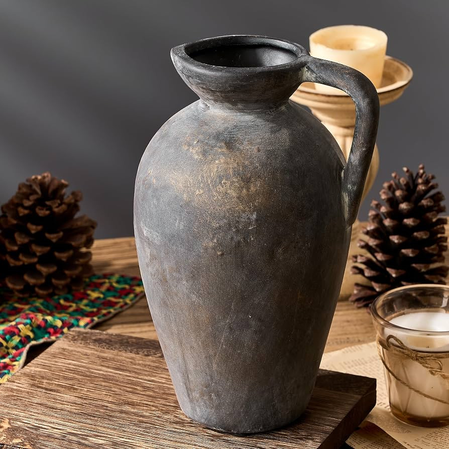 PORCER Antique Rustic Ceramic Vase, 9.3 Inch Tall Large Terracotta Vase with Handle, Vintage Farm... | Amazon (US)
