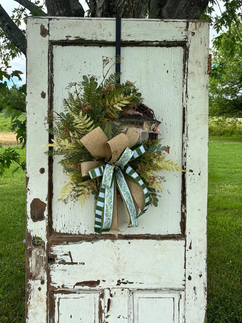 Fishing Wreath for Front Door, Bass Fish Door Hanger, Lake House Decor, Cabin Wreath, Rustic Outd... | Etsy (Global)