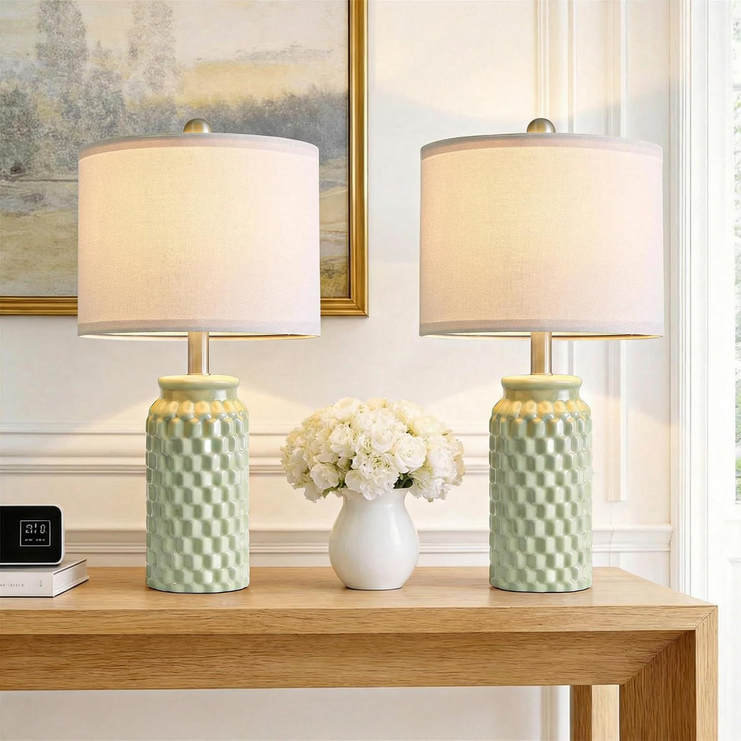 20.5" Small Bedside Lamps Set of 2, Green Ceramic Nightstand Lamp | Amazon (US)