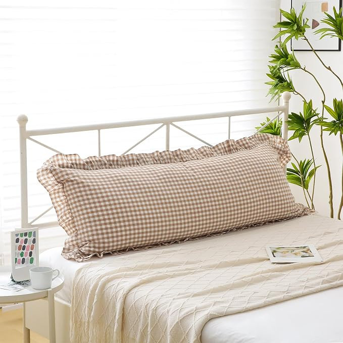 Taupe White Plaid Body Pillow Cover with Ruffles, 100% Washed Cotton Rustic French Country Vintag... | Amazon (US)