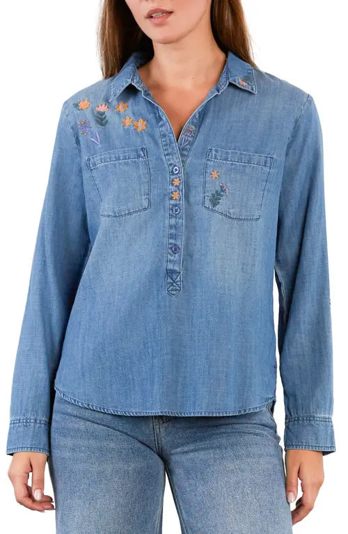 Billy T Floral & Flawless Embroidered Denim Shirt at Nordstrom, Size Small | Nordstrom