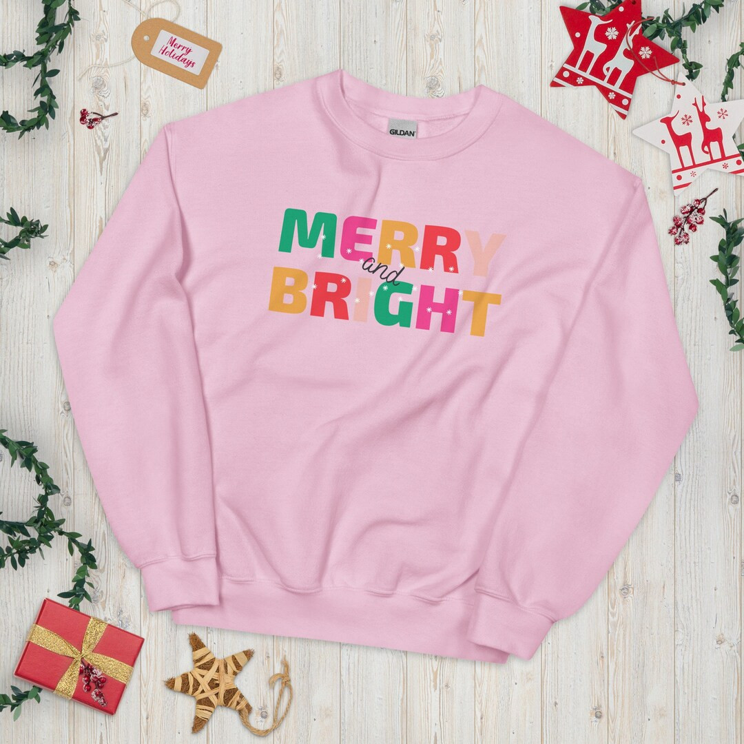 Merry and bright sweatshirt, Pink sweatshirt merry and bright, Merry & Bright, Christmas sweater,... | Etsy (US)