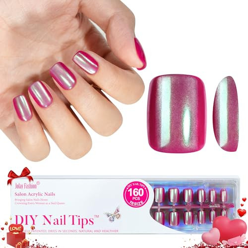 Press on Nails Pink Chrome- Jofay Fashion Press on Nails Short Square, Stick On Nails in 16 Sizes -160PCS Soft Gel Fake Nails Kit for Valentines Day Gift | Amazon (US)