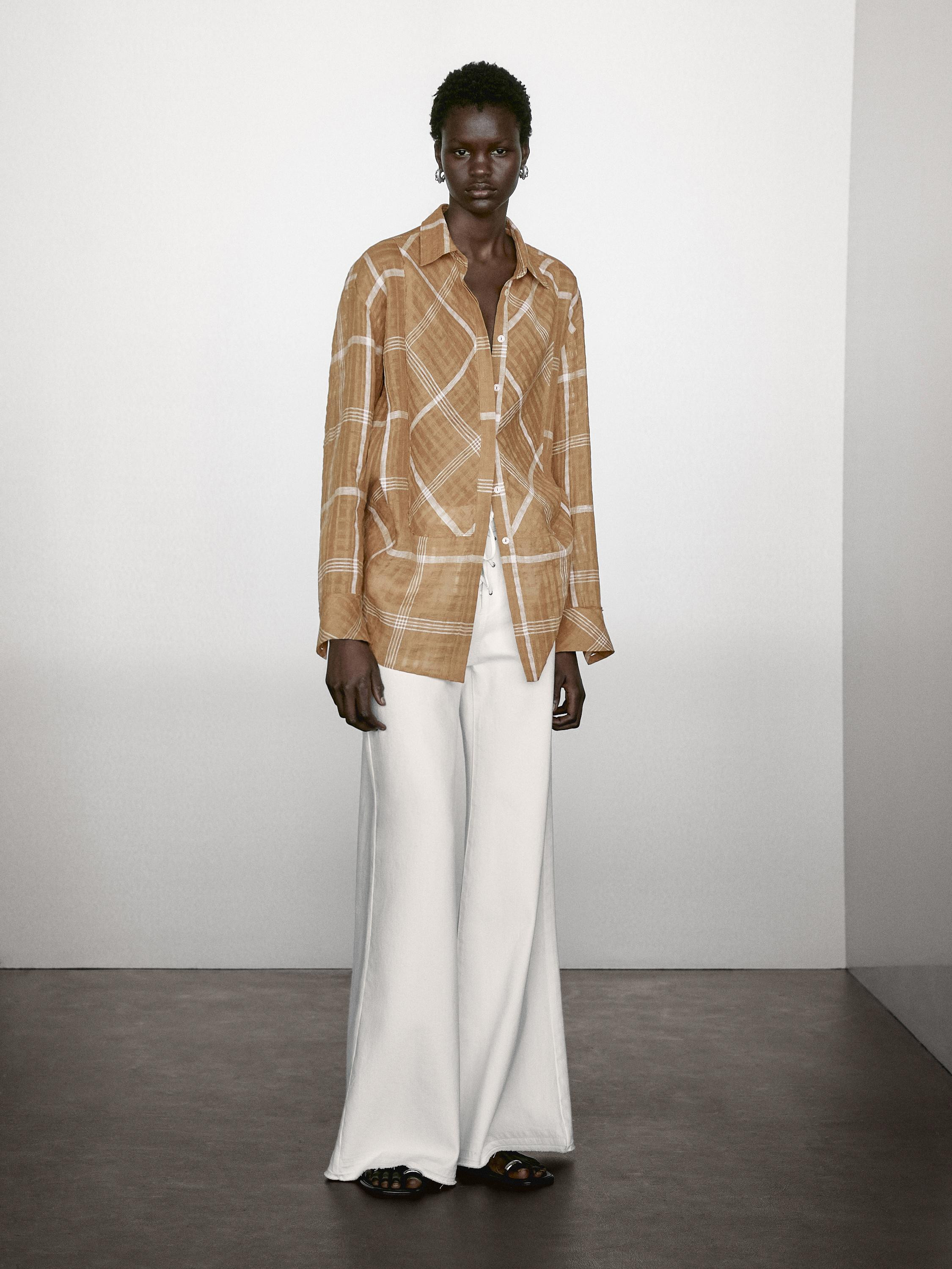 Flowing linen blend check shirt | Massimo Dutti DE