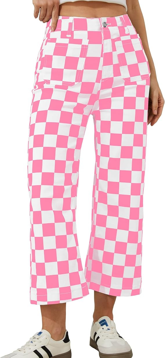 Odefou Cropped Jeans for Women Checkered Pants Casual High Waisted Stretchy Straight Leg Trousers... | Amazon (US)
