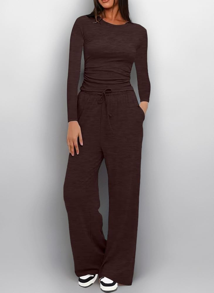 Two Piece Sets for Women Tracksuit Full Set Long Sleeve Tops Drawstring Elasticized Waist Wide Le... | Amazon (UK)