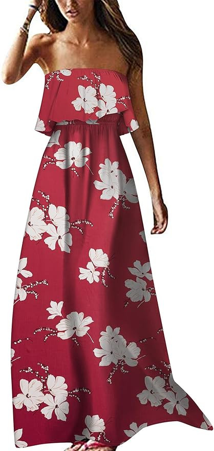 ZMPSIISA Women's Summer Off The Shoulder Maxi Dress Ruffle Strapless Blue White Porcelain Boho Ca... | Amazon (US)