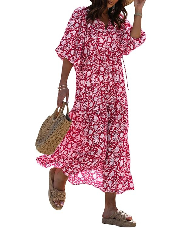 miduo Womens Loose Fit Casual Summer V Neck Half Sleeve Bohemian Geometric Pattern Maxi Long Dres... | Amazon (US)