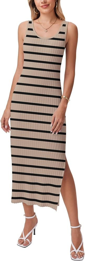Zeagoo Women's Spring Summer Casual Dress Bodycon Midi Sleeveless Striped Knit Maternity Tank Swe... | Amazon (US)