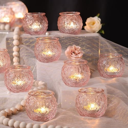 DARJEN 12Pcs Pink Votive Candle Holders - Round Glass Candle Holders for Flameless LED Tea Waxes,... | Amazon (US)