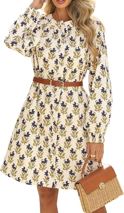 EZAPINE Floral Dress for Women Balloon Sleeve Print Button Front Cotton Mini Shirt Dresses with P... | Amazon (US)