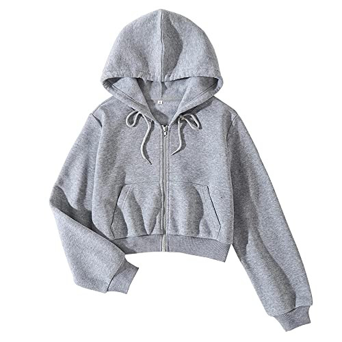 LOFAAC Women Fleece Full Zip Up Cropped Hoodie Sweatshirt 90s Long Sleeve Drawstring Hooded Crop ... | Amazon (US)
