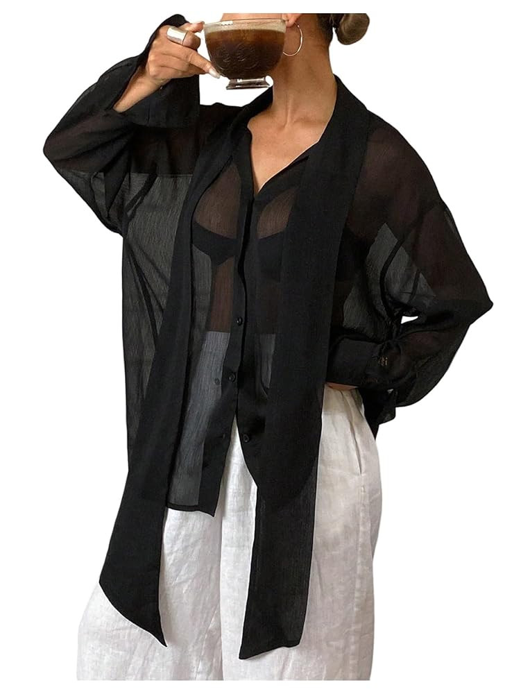 GORGLITTER Women's Chiffon Long Sleeve Blouses Dressy Casual See Through Button Down Bow Tie Neck... | Amazon (US)