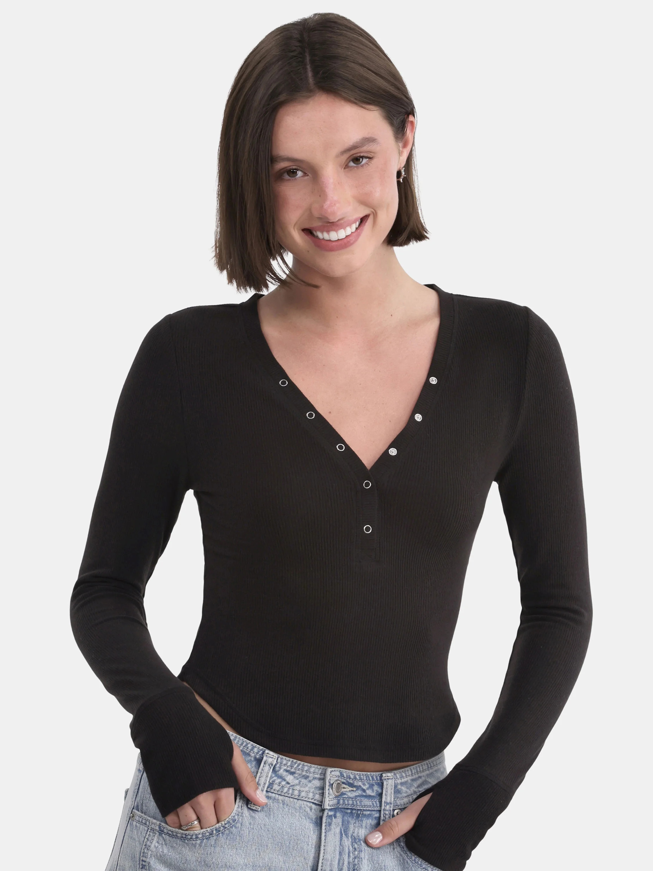 No Boundaries Henley Button-Up Snap Top with Thumbholes, Women's and Women’s Plus | Walmart (US)