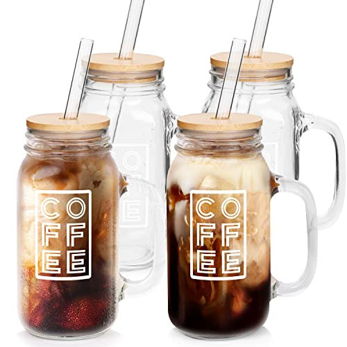 ANOTION Mason Jar Coffee Mugs with Handle, Iced Coffee Cup with Lid and Straw 24oz Regular Mason Jar with Handle Glass Coffee Drinking Glasses Tumbler Reusable Cups for Travel Office Home | Amazon (US)