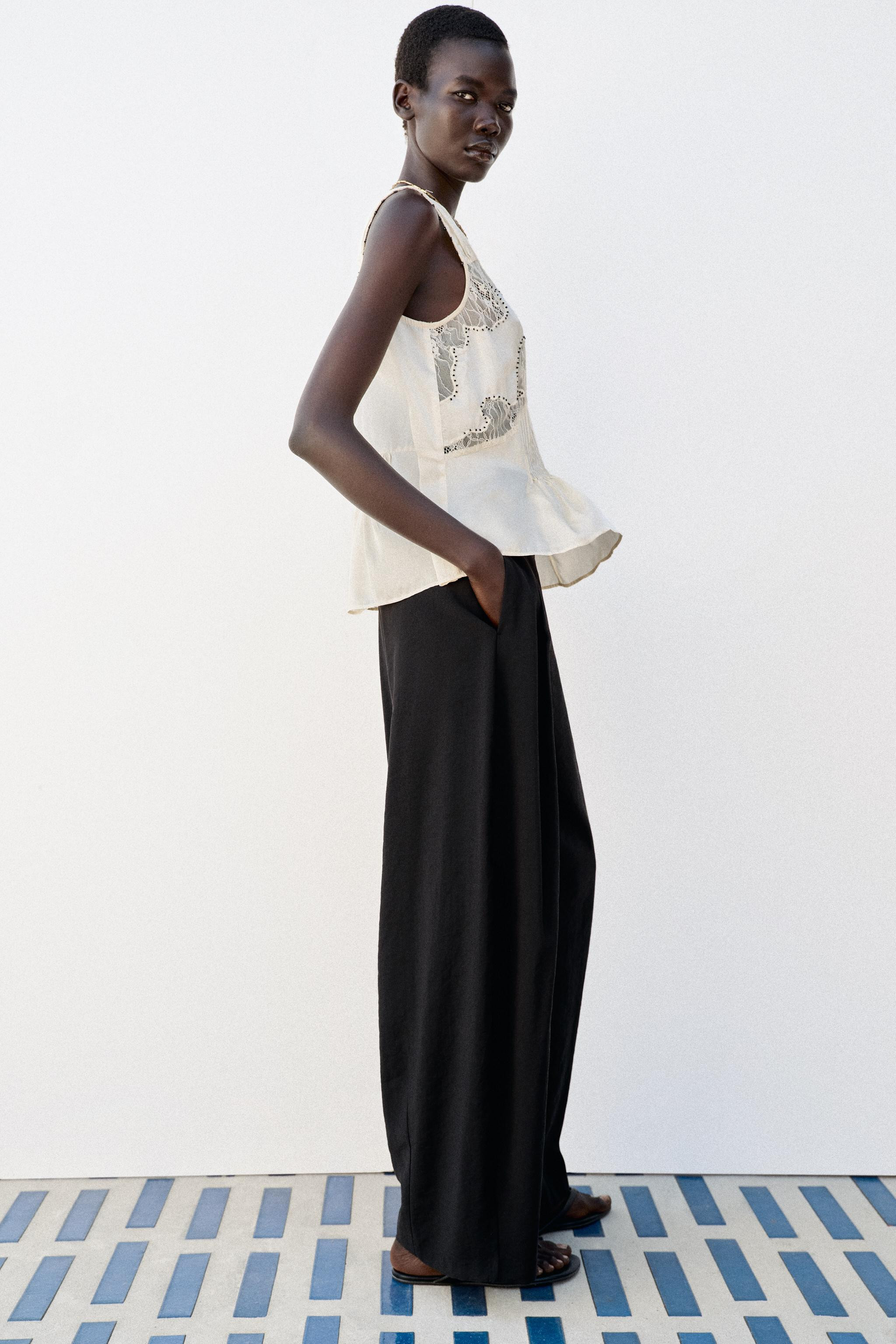V-neck top with wide beaded straps. Features mixed fabric detailing with lace and tucks. | Zara US