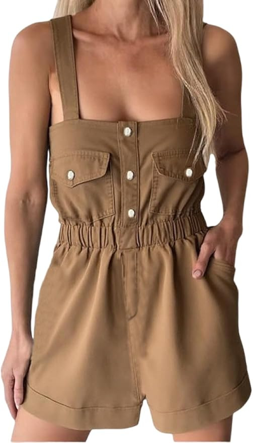 yoeasy Overalls for Women Button Denim Shorts Overalls Summer Casual Cuffed Hem Jean Romper Jumps... | Amazon (US)