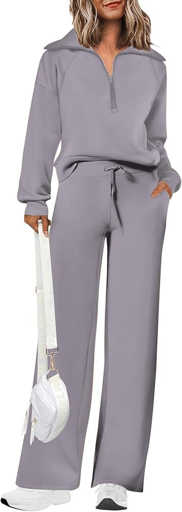 PRETTYGARDEN Women's 2 Piece Outfits Casual Lapel Half Zip Sweatshirts And Wide Leg Pants Sweatsu... | Amazon (CA)