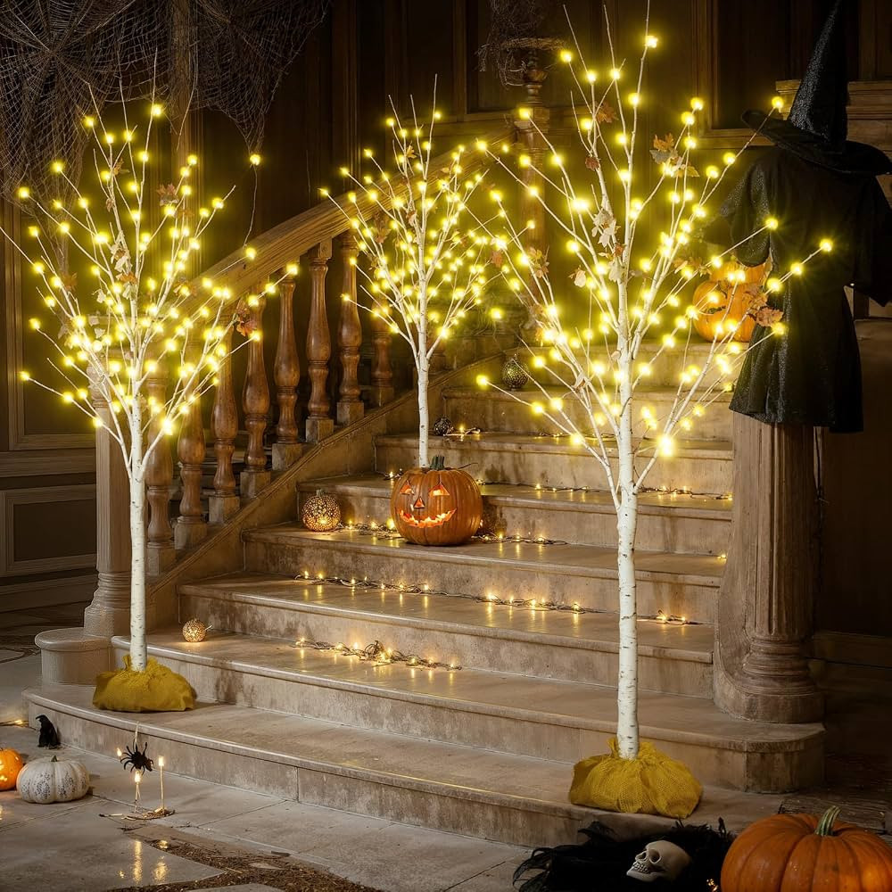 Set of 3 Birch Tree with LED Lights, 4FT 5FT 6FT Prelit Halloween Christmas Tree, White Lighted A... | Amazon (US)