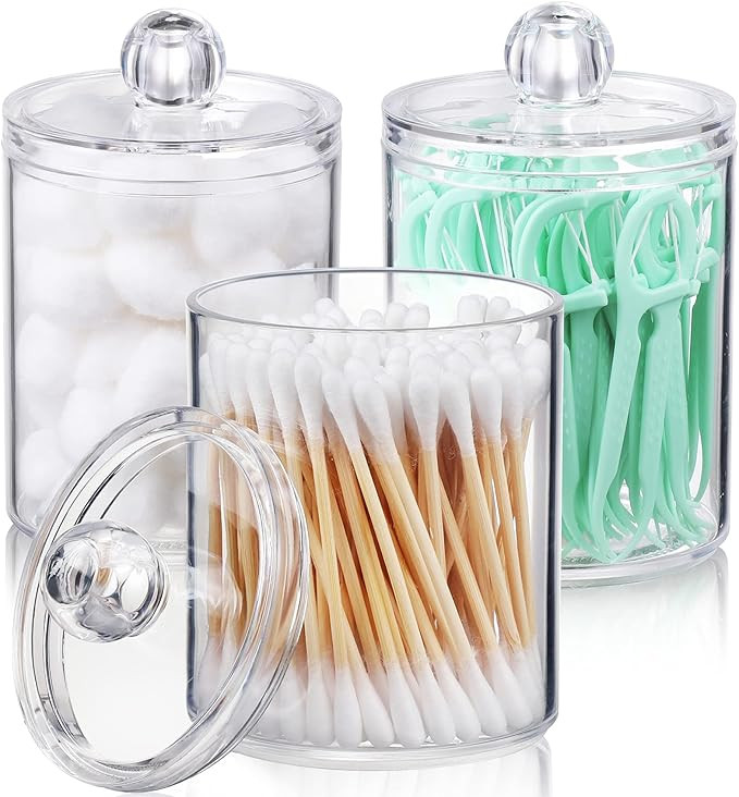 3 Pack Qtip Holder Dispenser for Cotton Ball, Cotton Swab, Cotton Round Pads, Floss - 10 oz Clear... | Amazon (US)