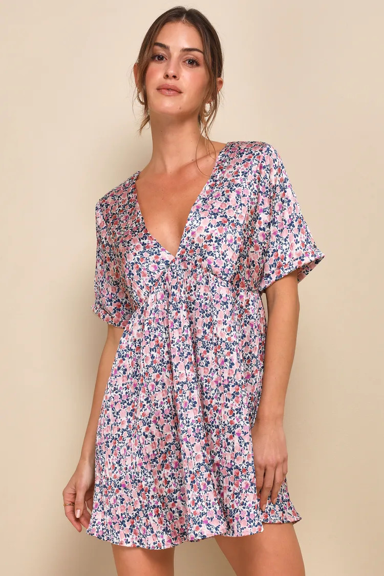Express Yourself Blush Pink Floral Print Satin Babydoll Dress | Lulus