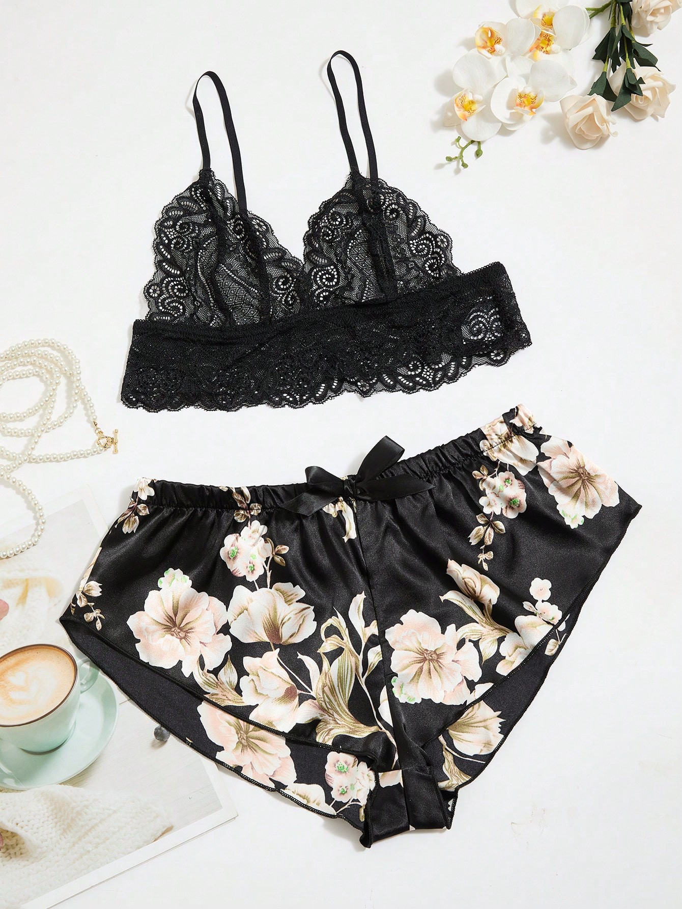 Classic Sexy Floral Lace Bralette With Floral Print Shorts | SHEIN