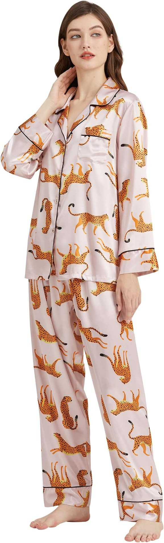 Women’s Silk Satin Classic Long Sleeve Pajamas Button down Silky Floral Animals Pattern Set Lou... | Amazon (US)