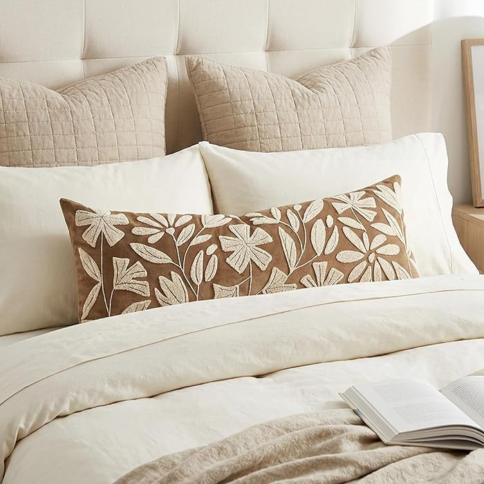 BlissBlush 14x36 Lumbar Pillow Cover for Bed, Brown Rectangular Long Throw Pillowcase, Embroidere... | Amazon (US)