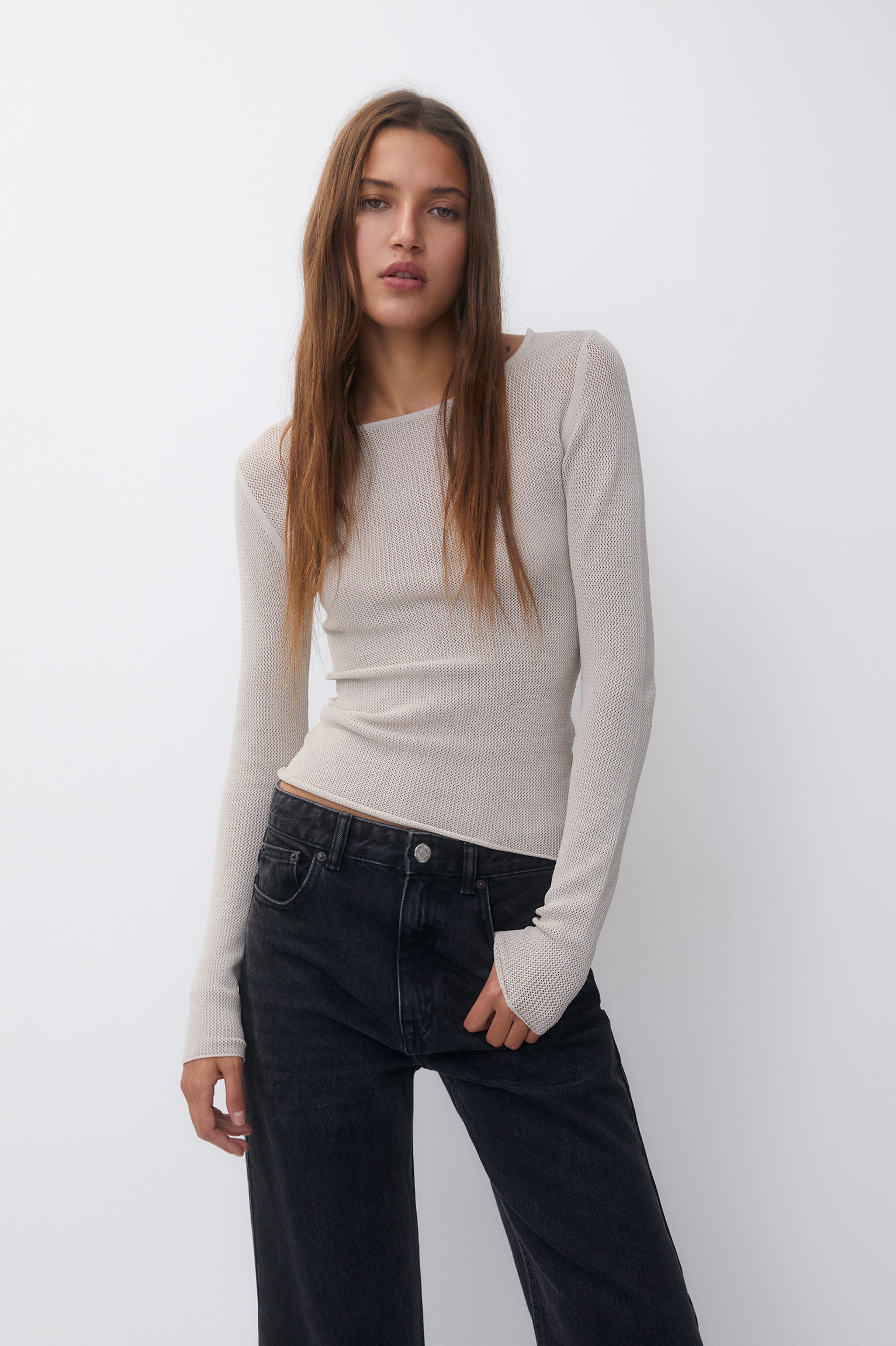 Wide neck mesh fabric jumper | PULL and BEAR UK