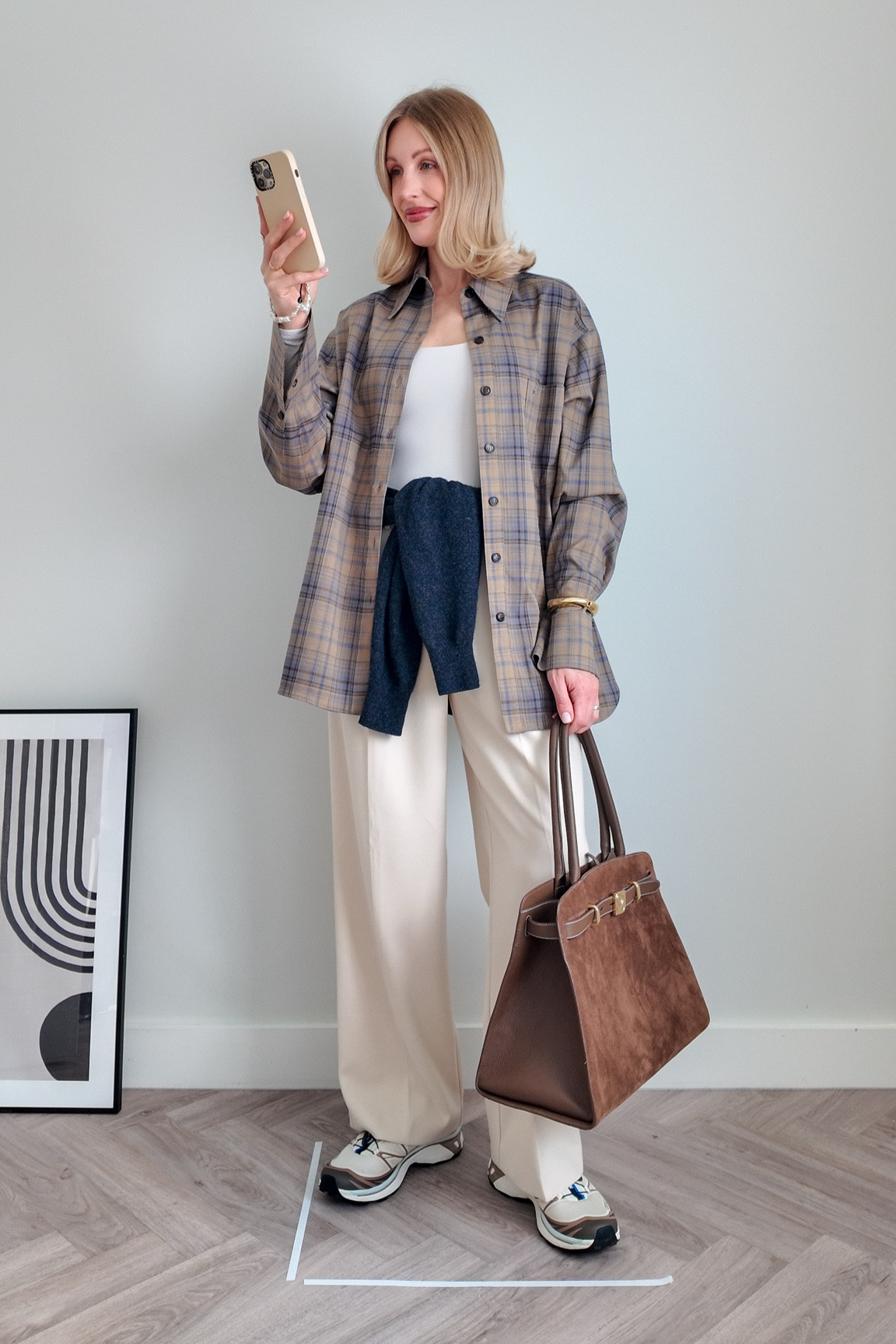 Checked shirt, check shirt, trends spring 2025, cream trousers, wide leg trousers, suede bag, Salomon xt6 trainers, Abercrombie 

#LTKspring #LTKFashionMonth #LTKeurope
