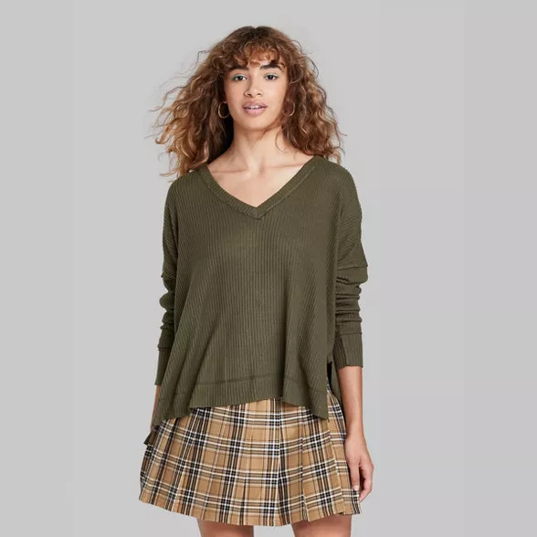 Women's Long Sleeve V-Neck Cozy Rib T-Shirt - Wild Fable™ | Target