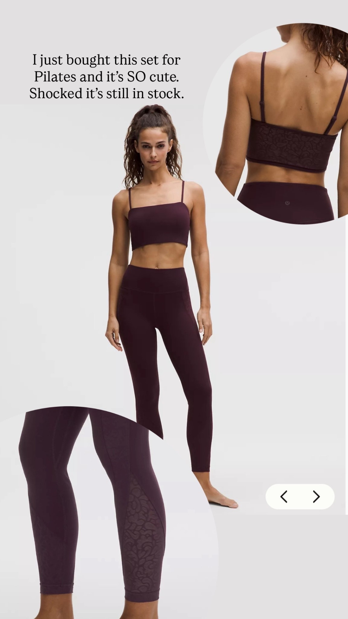 Lululemon paisley lace overlay tight on sale with the matching Nulu Paisley Lace-back yoga bra SO cute! I love the lace detail and this dark plum color 🖤

#LTKootd #LTKActive #LTKSaleAlert