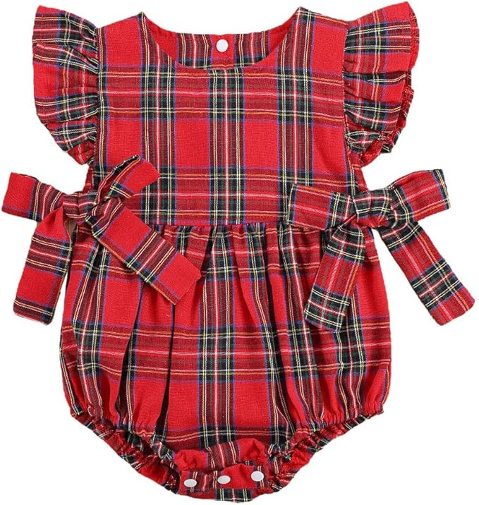 GuliriFei Infant Baby Girls Christmas Romper Red Plaid Bodysuit Dress Toddler Kids Ruffle Sleeve ... | Amazon (US)