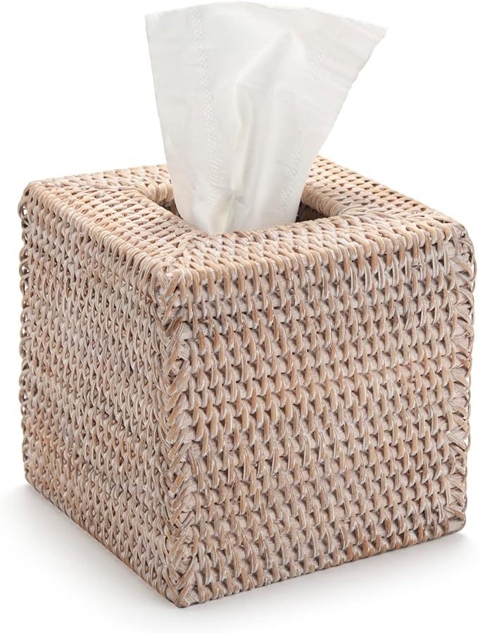 Rattan Tissue Box Cover Natural Woven Facial Napkin Holder Square (White, 5.5x5.5x5.9 Inch) | Amazon (US)