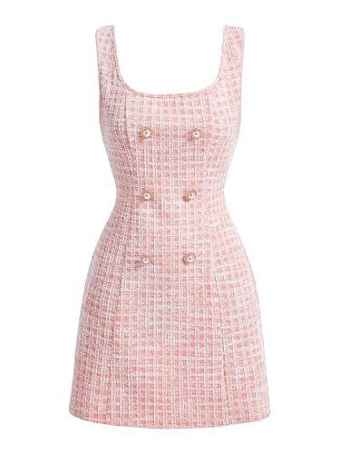 Floerns Women's Plaid Tweed Dress Sleeveless Square Neck Elegant Work Mini Dress Pink Large | Amazon (US)