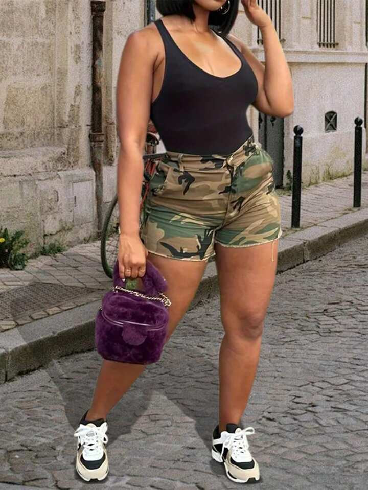 Women's Simple Camouflage Daily Pocket Shorts | SHEIN