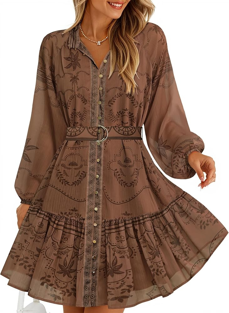 ZESICA Womens Floral Long Sleeve Mini Dress Spring Button Chiffon A Line Swing Short Wedding Gues... | Amazon (US)