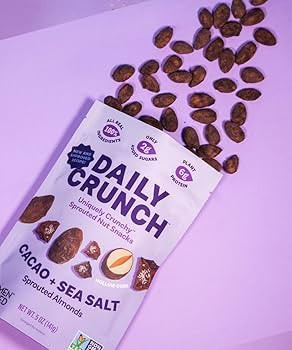 Daily Crunch Sprouted Almonds, 5 Ounce Resealable Bags (Cacao and Sea Salt, 2 Pack) Packaging May... | Amazon (US)