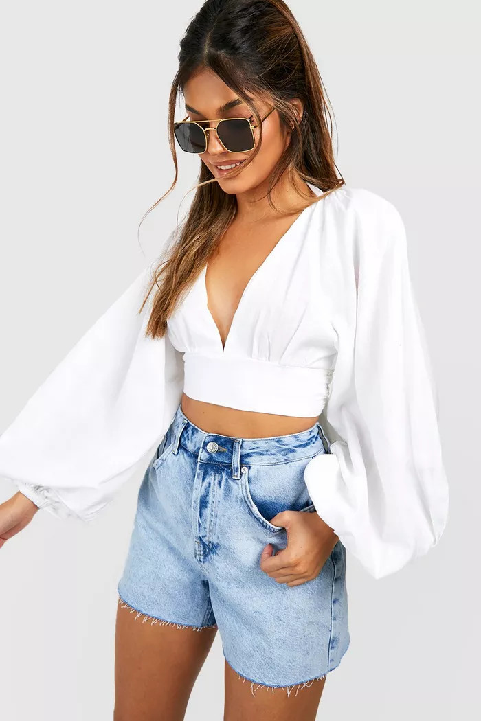 White Linen Balloon Sleeve Tie Back Crop Top | Boohoo.com (UK & IE)