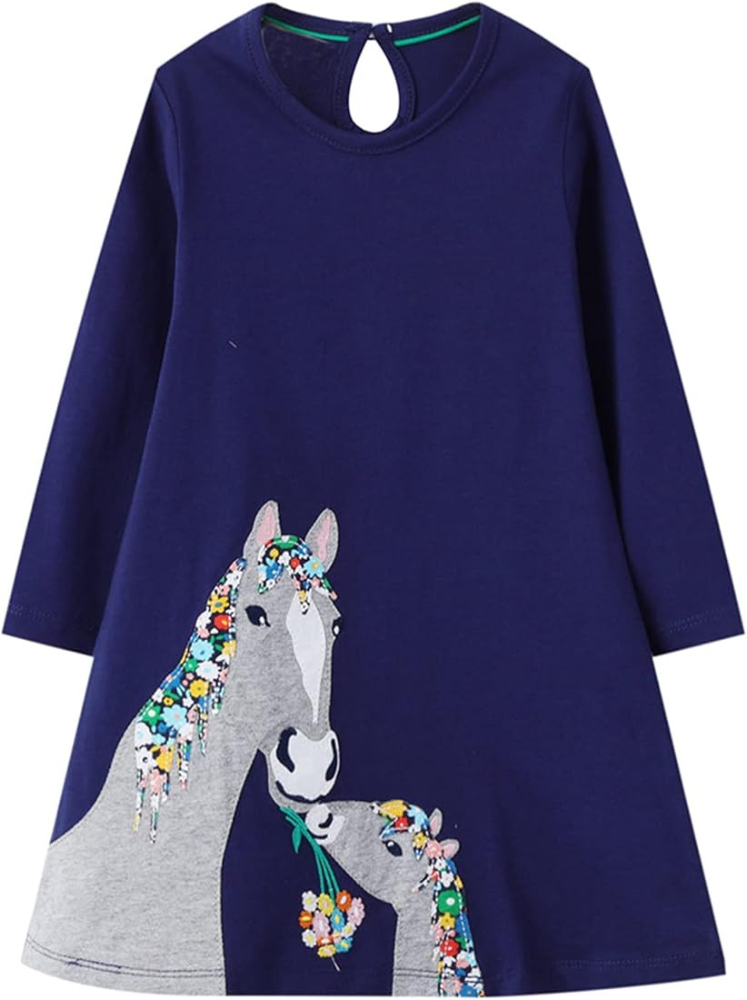 Youlebao Girls Cotton Long Sleeve Casual Cartoon Appliques Striped Jersey Dresses | Amazon (US)