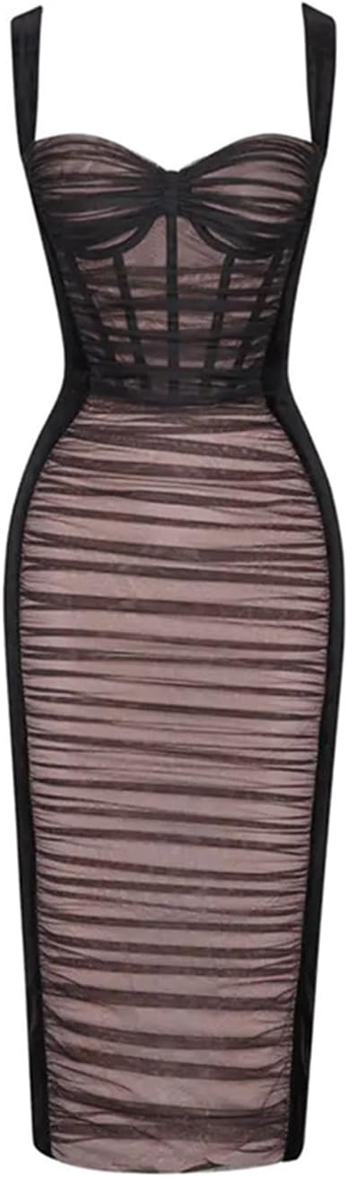 houstil Women's Strap Wedding Guest Dress Velvet Mesh Bodycon Cocktail Party Fishbone Mini Clubwe... | Amazon (US)