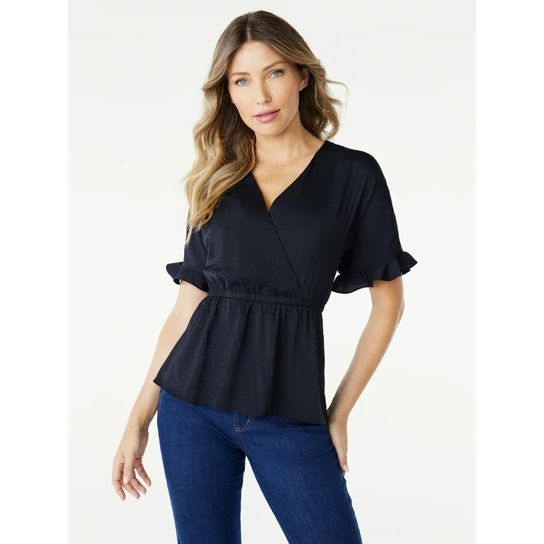 Sofia Jeans Women's Faux Wrap Peplum Top with Short Sleeves, Sizes XXS-3XL | Walmart (US)