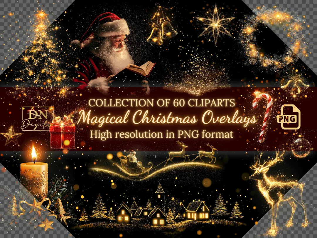 60 Magical Christmas Overlays Sparkling Light Clipart Christmas Gold Effect PNG Transparent Backg... | Etsy (US)