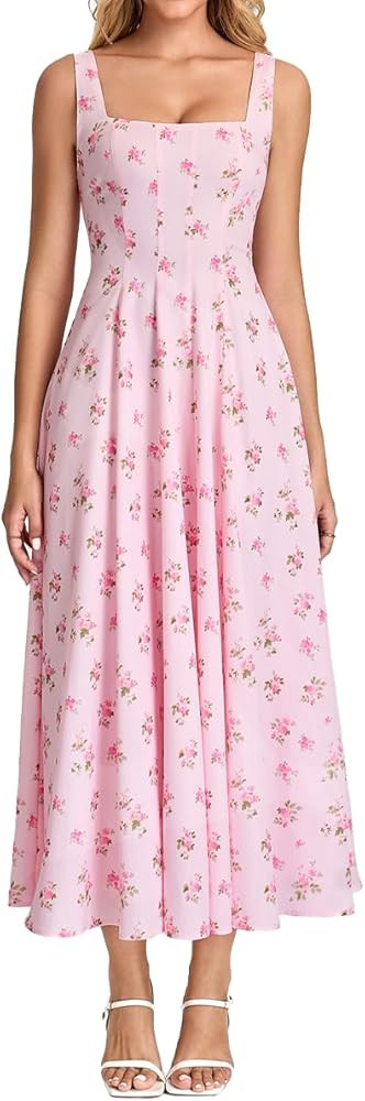 Floral Midi Dress Casual Lace Up Flowy A Line Square Neck Wedding Guest Summer Dress for Women 20... | Amazon (US)