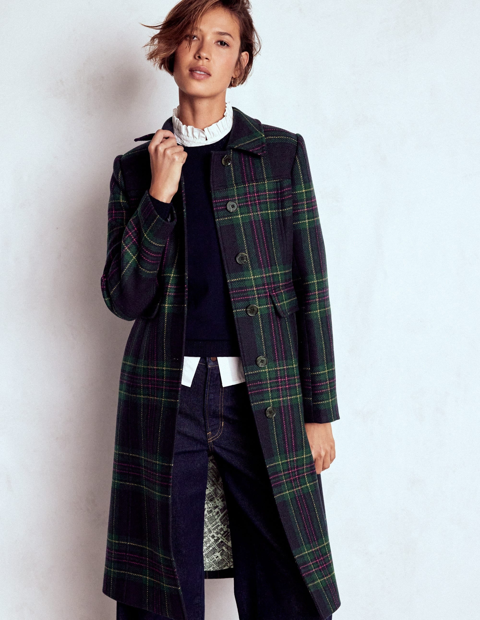 St Albans Fitted Coat-Navy & Green Tonal Check | Boden UK