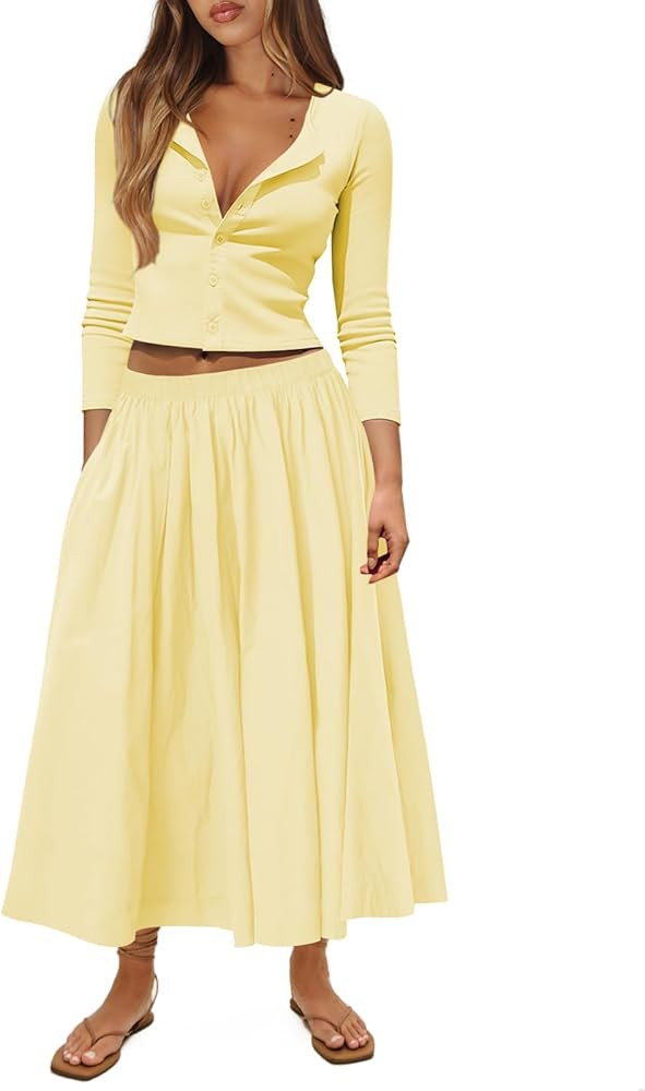 Womens Sweater Skirt Sets for Women Ribbed Button Down Cardigan 2 Piece Matching Set Fall Casual ... | Amazon (US)