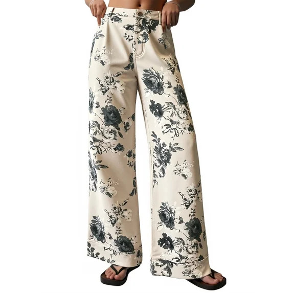 Floral Print Women Long Jeans Wide Leg Casual Denim Pants | Walmart (US)