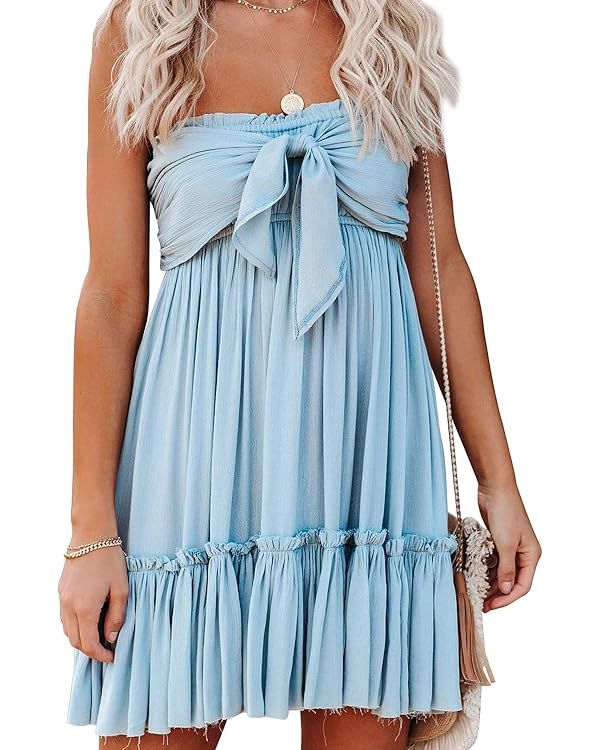 R.Vivimos Women's Summer Cotton Boho Beach Sleeveless Tie Front Mini Dress Tube Top Dress | Amazon (US)
