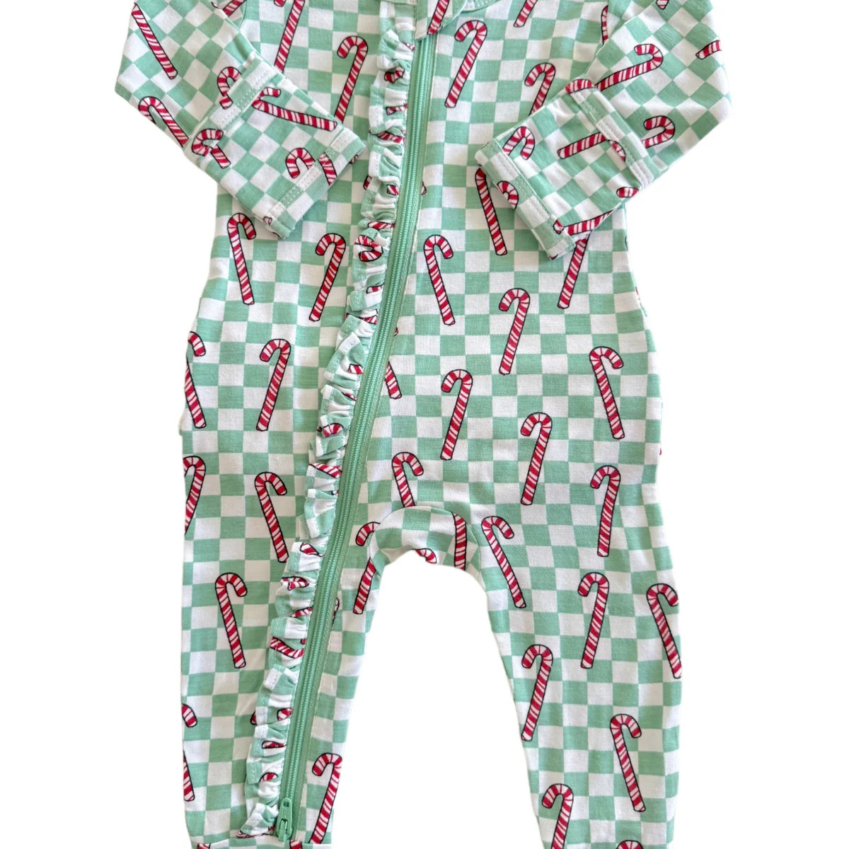2-Way Ruffle Zip Footie, Winterfresh Candy Cane | SpearmintLOVE