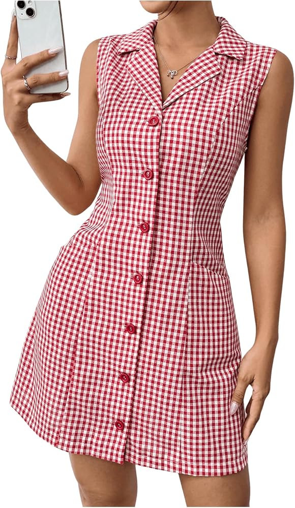 MakeMeChic Women's Plaid Gingham Lapel Button Down Short Dresses Sleeveless A Line Shirt Dress wi... | Amazon (US)